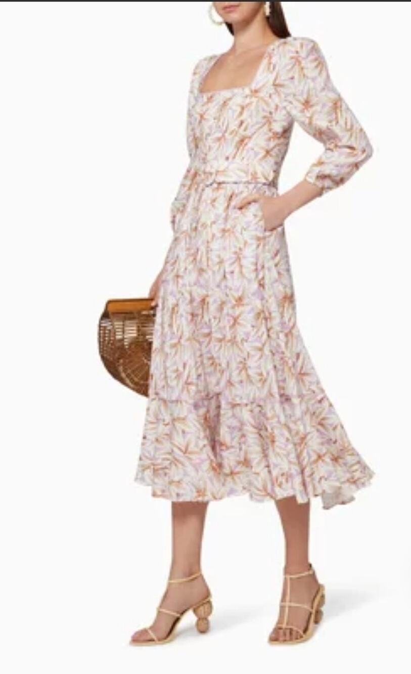 NWT Jonathan Simkhai Ella Linen Blend Midi Dress Lilac Floral Long Sleeve Size 0